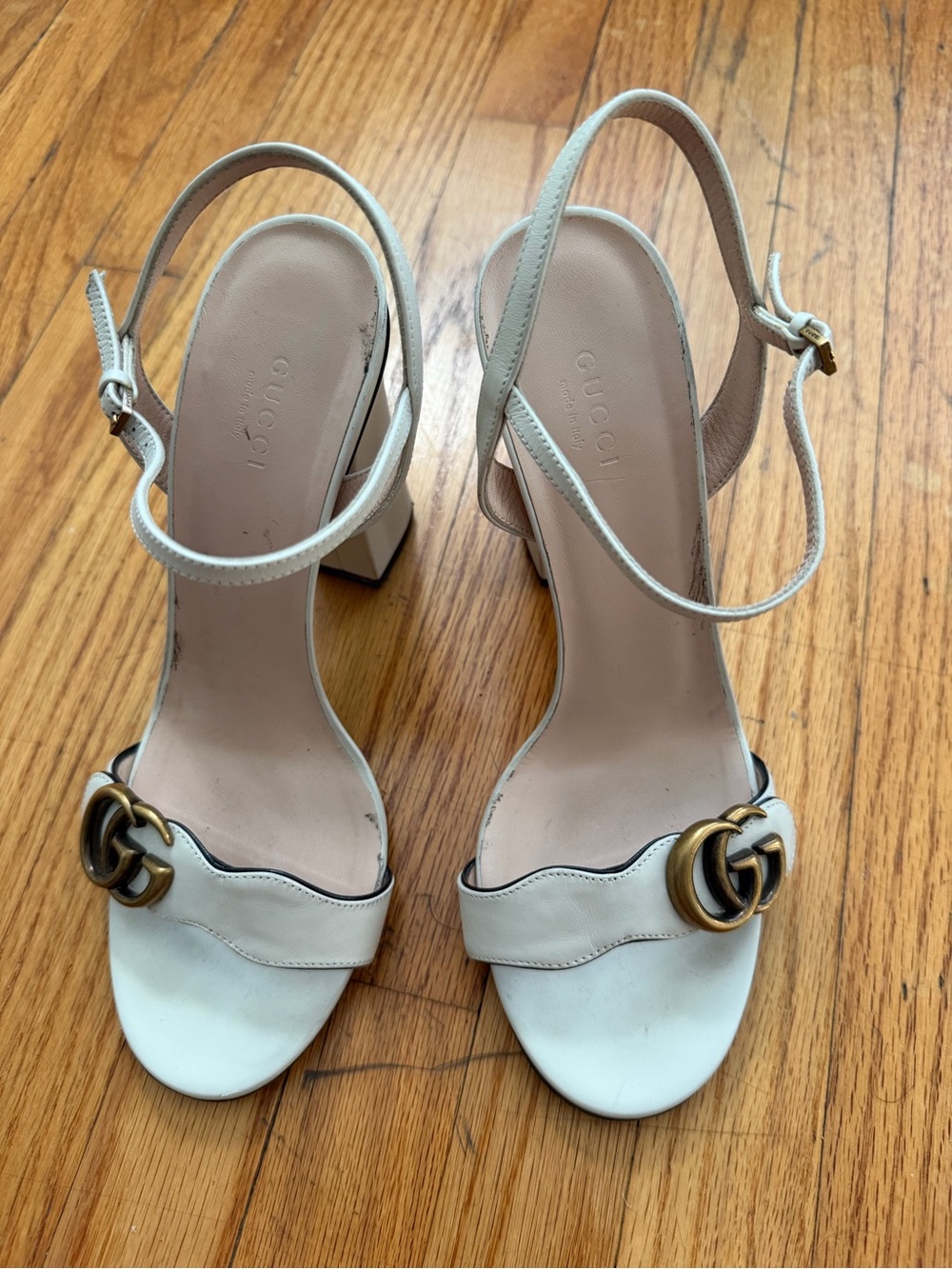 Gucci Off White Leather GG Marmont Ankle Sandals